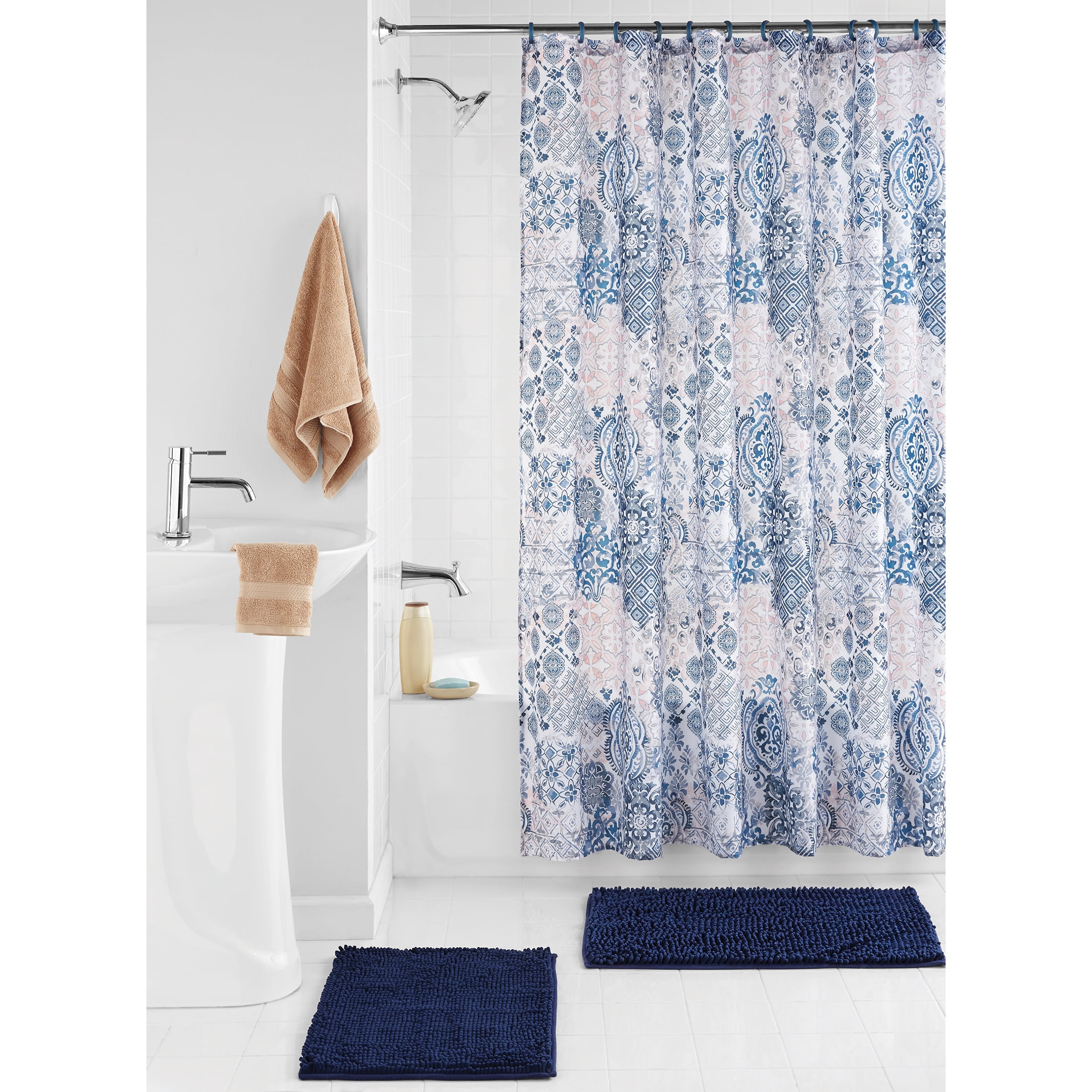 Galaxy Navy & White 13-Pc Bath Shower Curtain & Rings Bathroom Accessory Set 