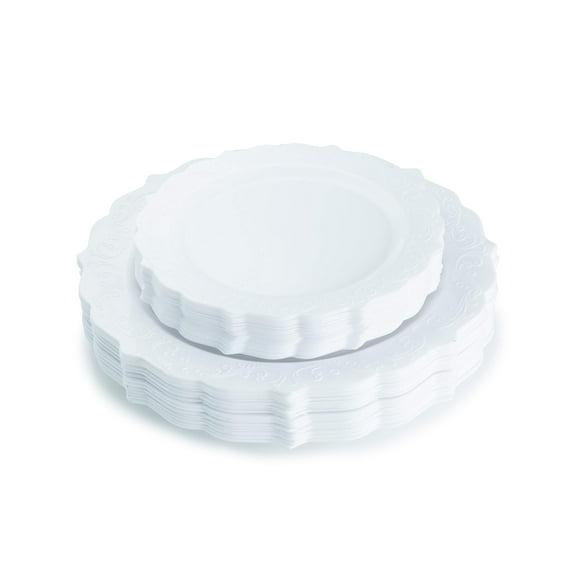 Posh Setting Elegant Collection White Plastic Disposable Dinnerware Set, Wedding Plastic Dishes For 20 Guests (20 10.25'' Dinner Plates and 20 7.25'' Salad Plates), Fancy Disposable Dinnerware