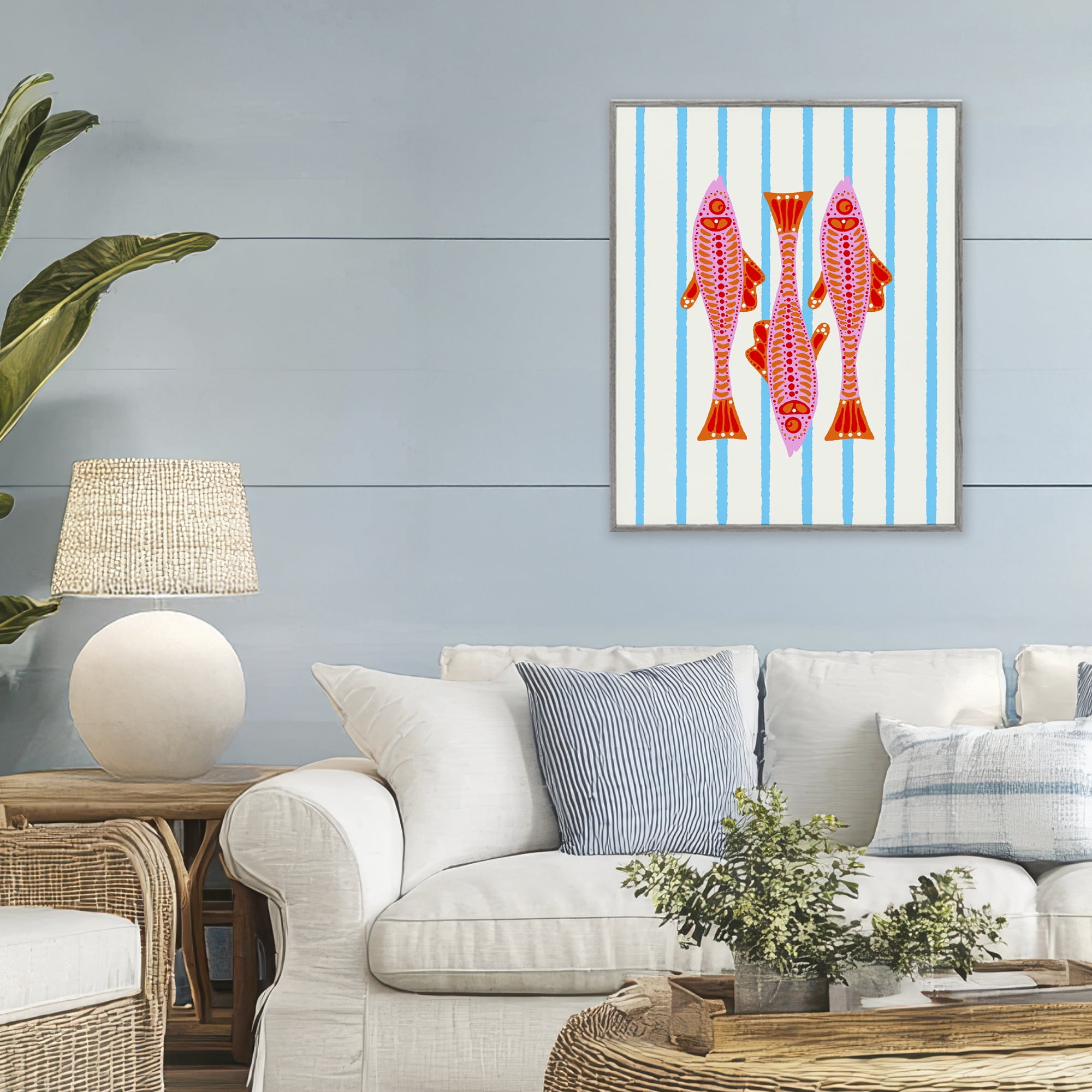 Stupell Industries Bright Aquatic Fish on Stripes Gray Framed Giclee Art, design by Indira Prieto | IndySign