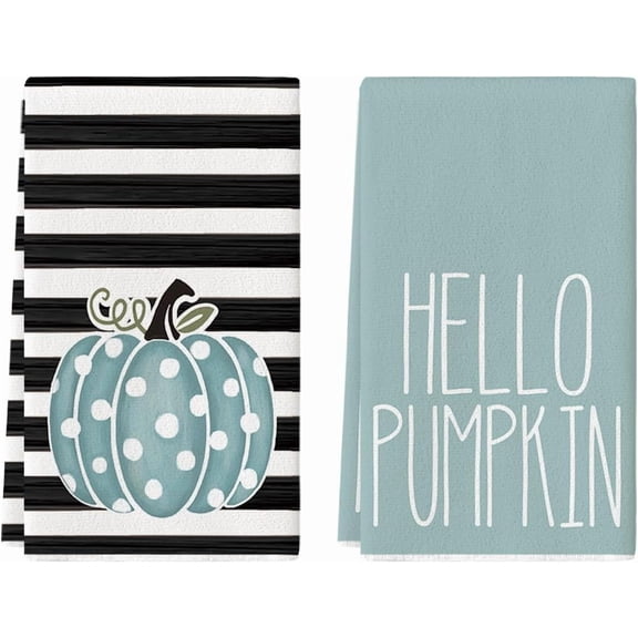 Blue Polka Dot Stripes Hello Pumpkin Fall Kitchen Towels Dish Towels, 18x26 Inch Decoration Hand Towels Set of 2