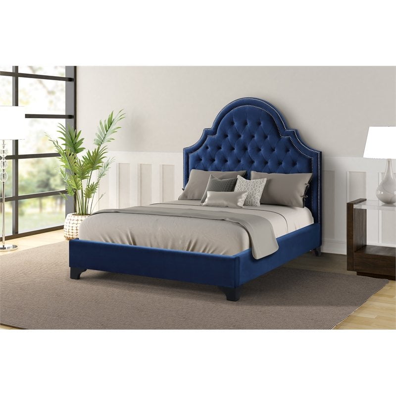 Galaxy Home Alisha Upholstered Velvet Queen Bed in Blue