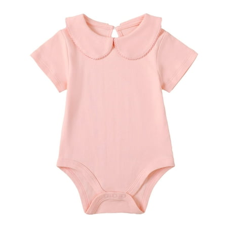 

ROMPERINBOX Baby Girl Onsies Short Sleeve Peter Pan Collar Bodysuit Infant Girls Basic Romper 0-24 Months(Pink 18-24 Months)