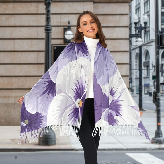 White and Purple Flowers Winter Scarf for Women Fashion Warm Long Soft Blanket Scarves Gifts
