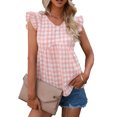 thumbnail image 1 of Camiseta sin mangas con estampado de rejilla para mujer, cuello en V con volantes, dobladillo suelto, camisas sin mangas informales de verano, 1 of 5