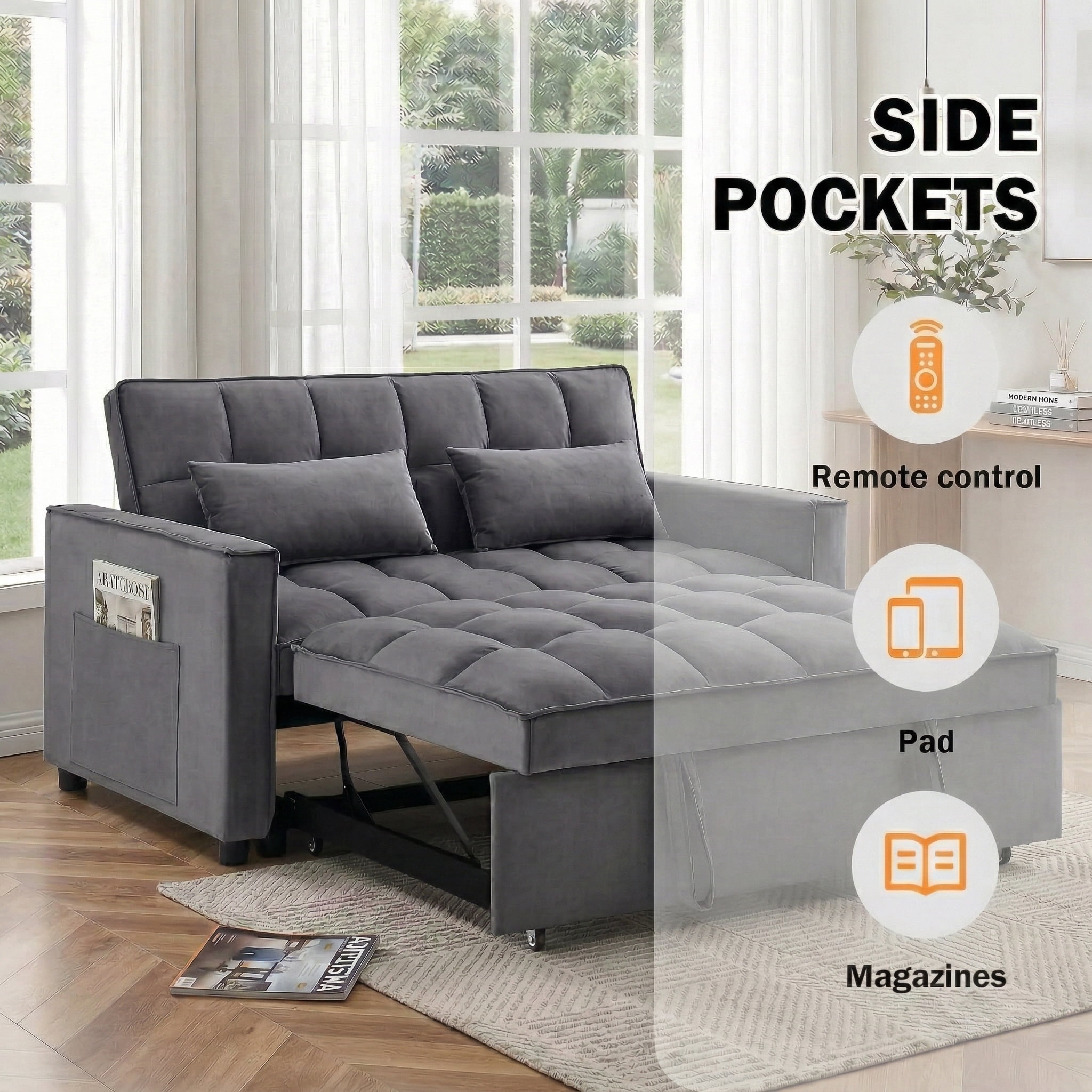 Avobird 3-in-1 Velvet Convertible Sleeper Sofa, Pull Out Couch Bed with Adjustable Backrest & Storage, Grey