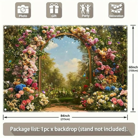 Image of 1pc Enchanted Garden Backdrop 7x5ft/8x6ft/10x8ft - Fairy-Tale Floral Arch & Butterflies Durable Polyester - Perfect for Easter Birthdays Weddings Photo Booths