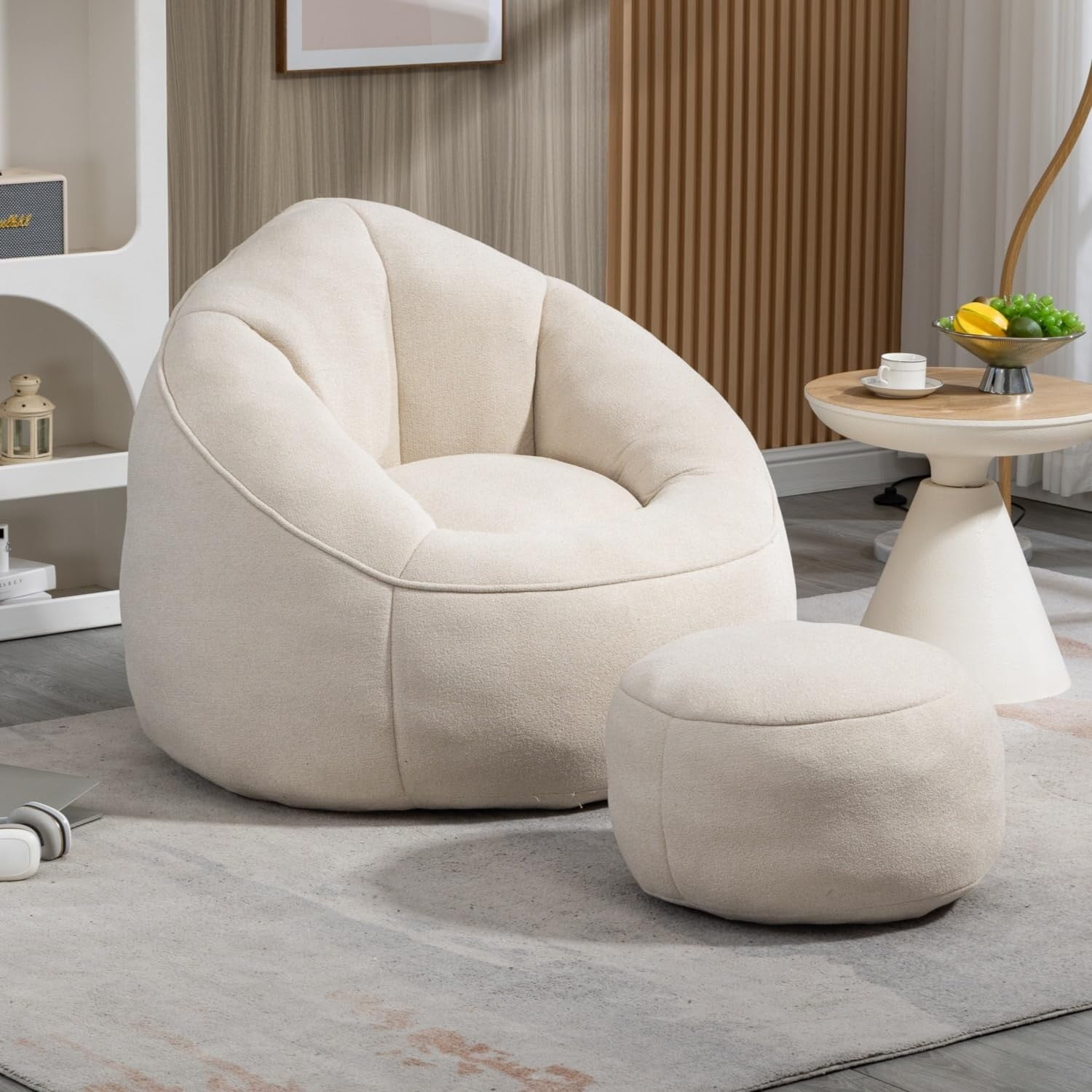 Bean Bag Chair for Adult,Microfiber Upholstered Sofa with Footstool Shell-Shaped Memory Foam Stuffed Lazy Sofa