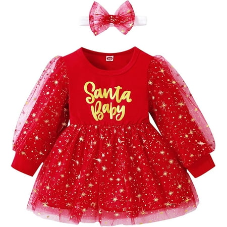 

PIKADINGNIS Little Kids Baby Girls Christmas Dress Letter Print Mesh Ruffle Long Sleeve Tulle Tutu Dresses Princess Party Outfits