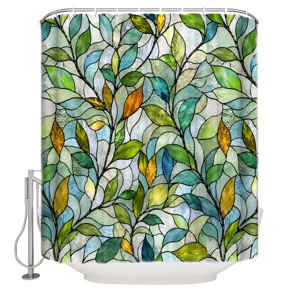 Green Leaves Bathroom Shower Curtains with 12 Hooks Polyester Waterproof Shower Curtain for Stalls and Bathtubs Stained Glass Chic Botanical Branches Decorative Bathroom Privacy Curtain 36x78 Inches