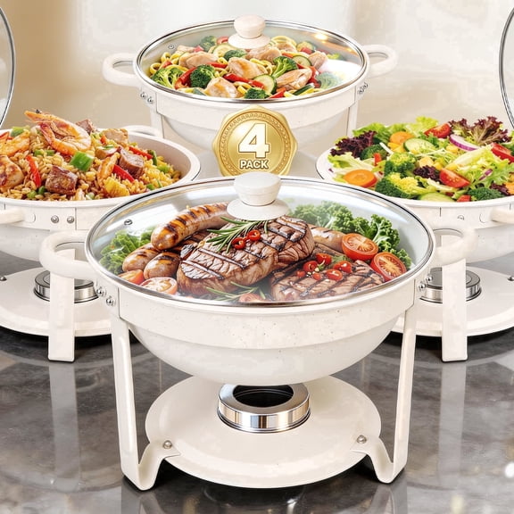 CATGOOD 5.3QT Round Chafing Dishes for Wedding Receptions, Large Parties & Catering, White Maifanite Food Warmers, Stackable with Lid Holder, 4-Piece Complete Buffet Set
