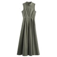 thumbnail image 2 of Women’s Olive Green Sleeveless Zip Front Maxi Dress Stand Collar Pleated A Line Dress with Side Pockets, 2 of 3