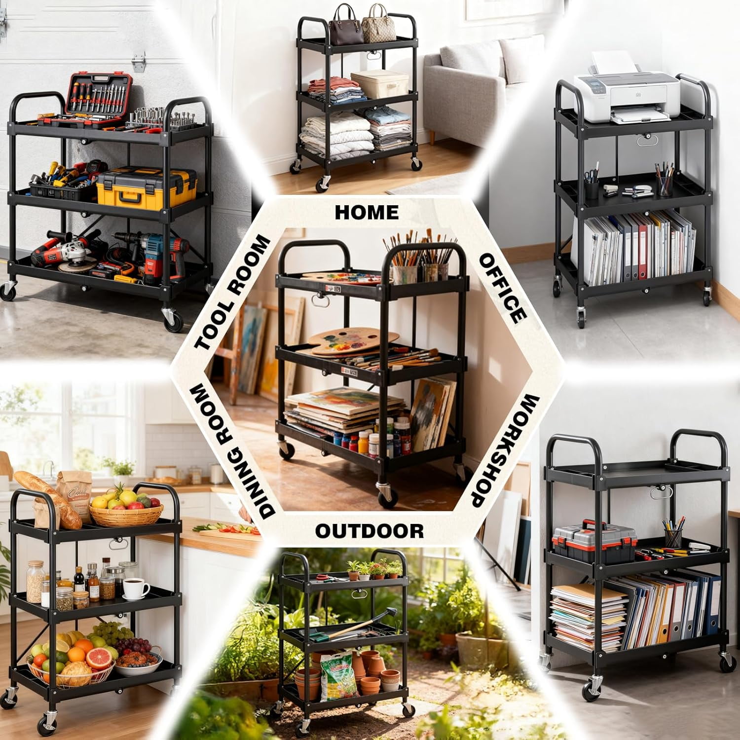 Gianna 3-Tier Foldable Utility Collapsible Service Cart, 120LBS Capacity, Black