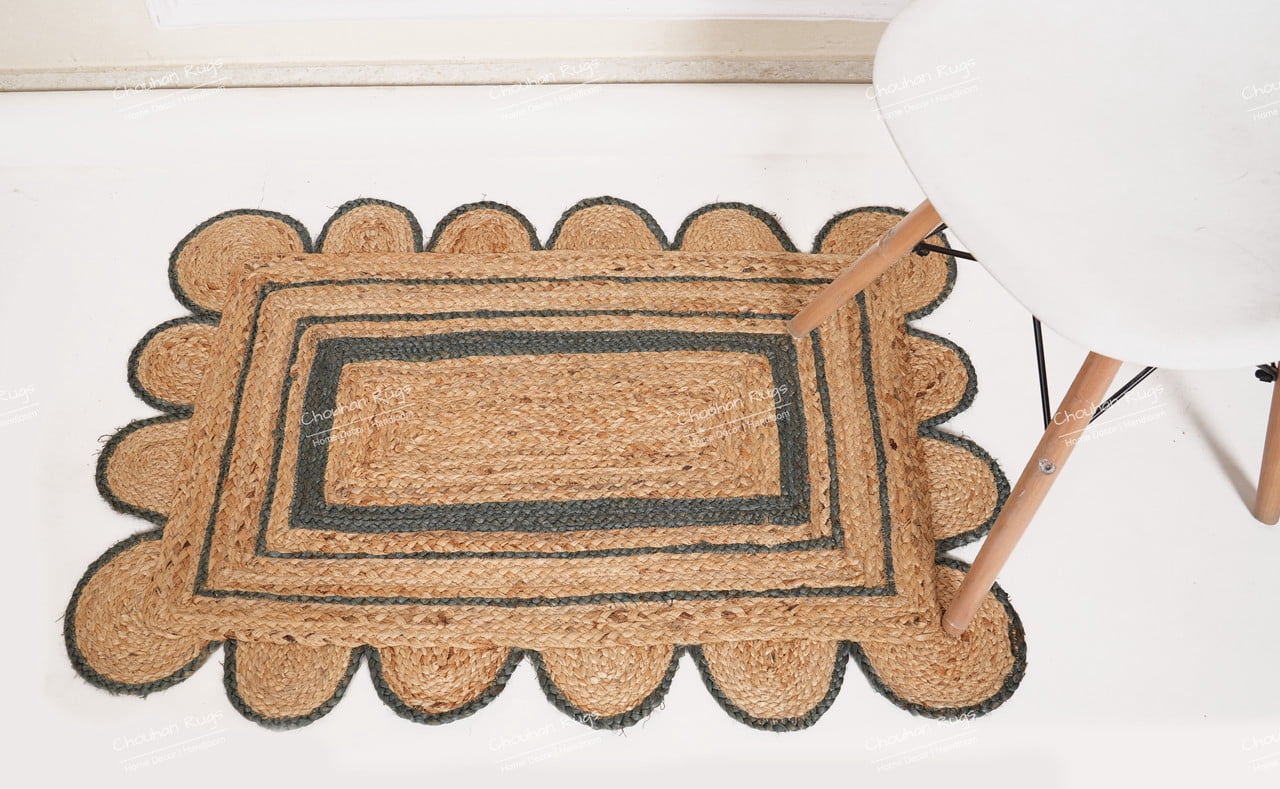 Hand Braided Beige and Grey Color Scalloped Area Rug Rectangle Rug Natural Jute Rug