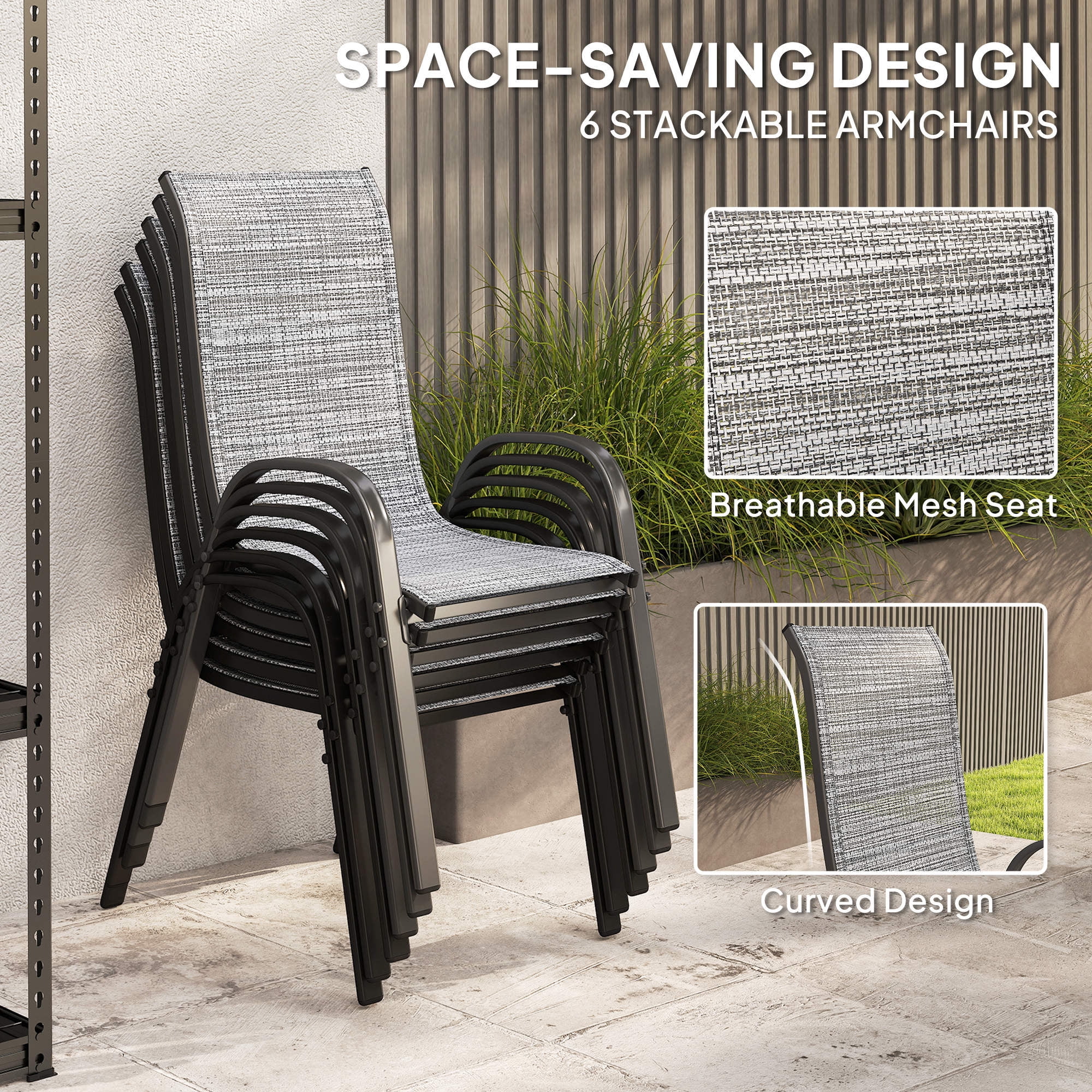 Outsunny 8 Piece Patio Furniture Set with Umbrella, Outdoor Dining Table and Chairs, 6 Chairs, Push Button Tilt and Crank Parasol, Glass Top, Gray