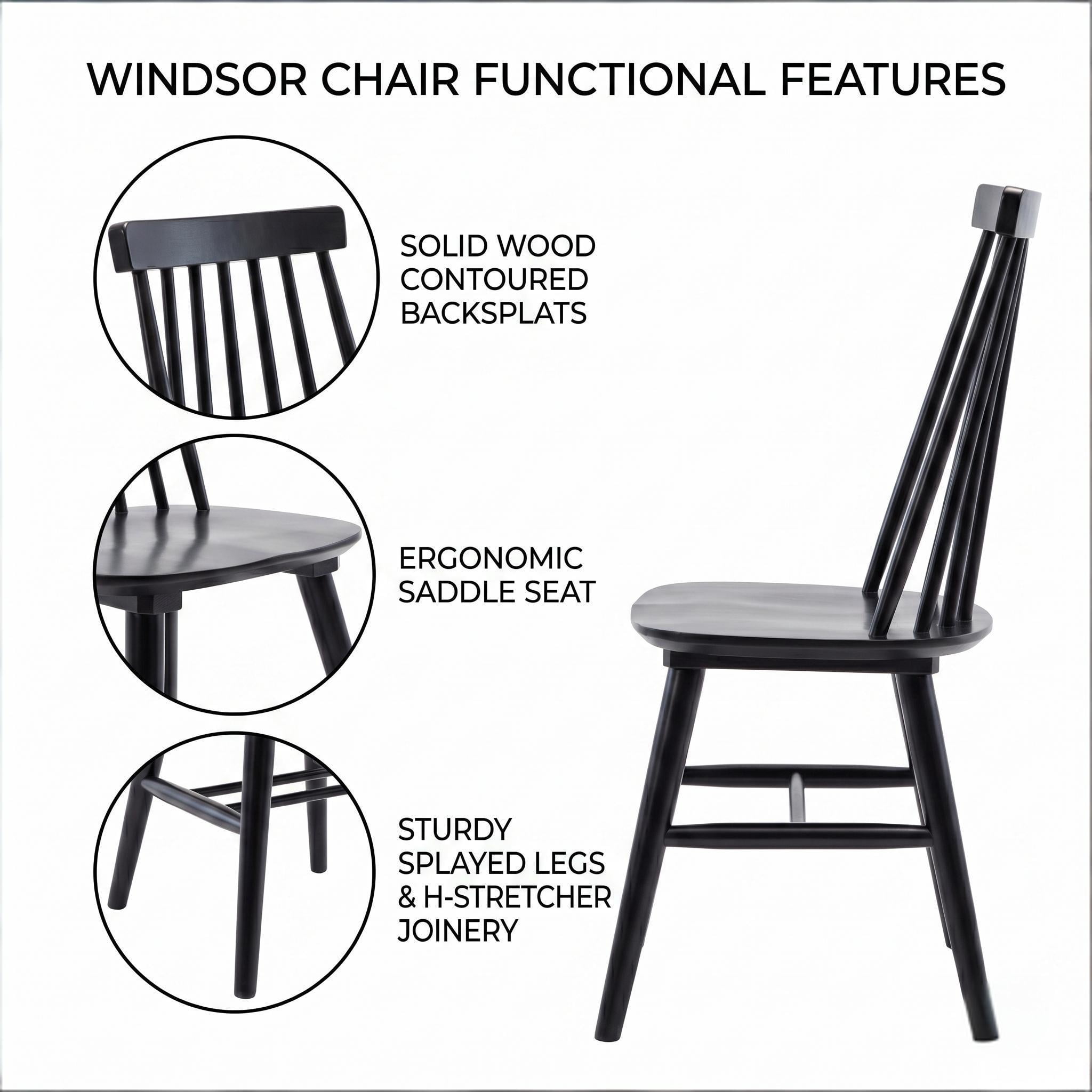 Windsor Dining Chairs Set of 4, Solid Wood Back Kitchen Chairs, Classic Farmhouse Dining Room Chairs for Kitchen, Dining Room, Living Room（Black）
