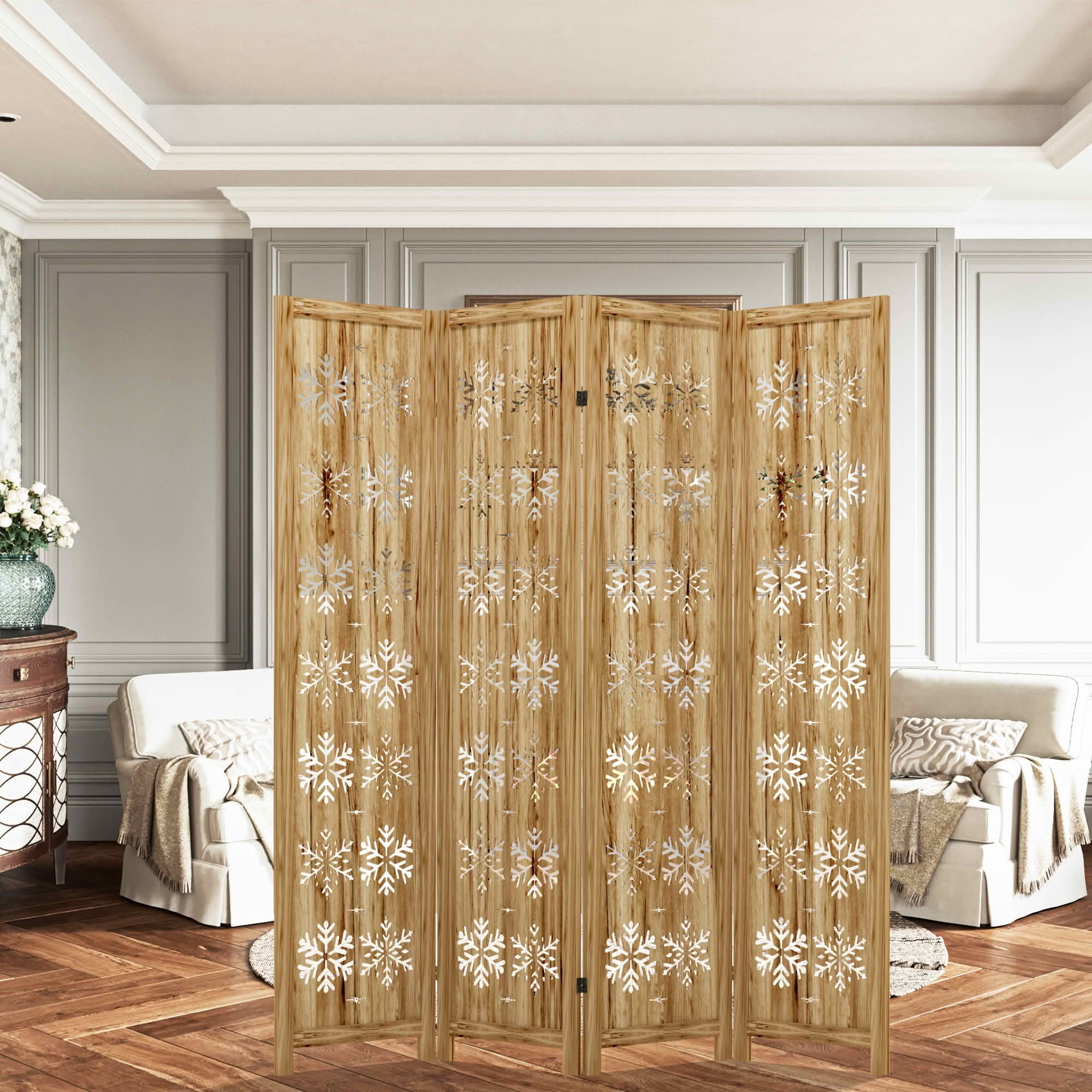 MAYEERTY 63x1x67 Inch Natural Charcoal Snowflake Wooden Folding Privacy Screen, 4 Panel Set for Home & Patio