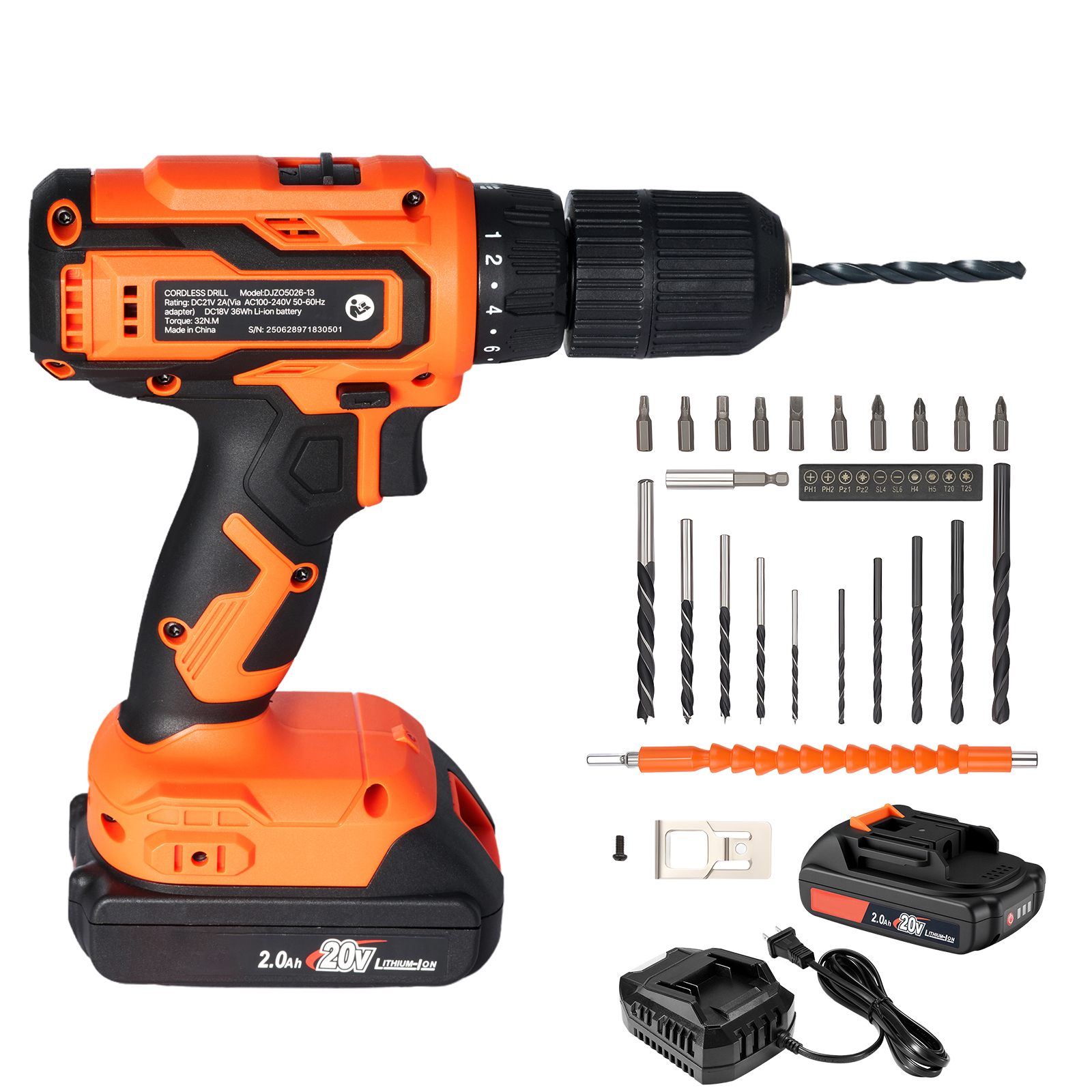 KFFKFF Cordless Drill Driver, 1/2 Inch Metal Chuck, Dual-Speed Adjustable, Drill Kit with Rechargeable Battery, Charger, and Belt Clip, Suitable for Drilling Wood and Metal