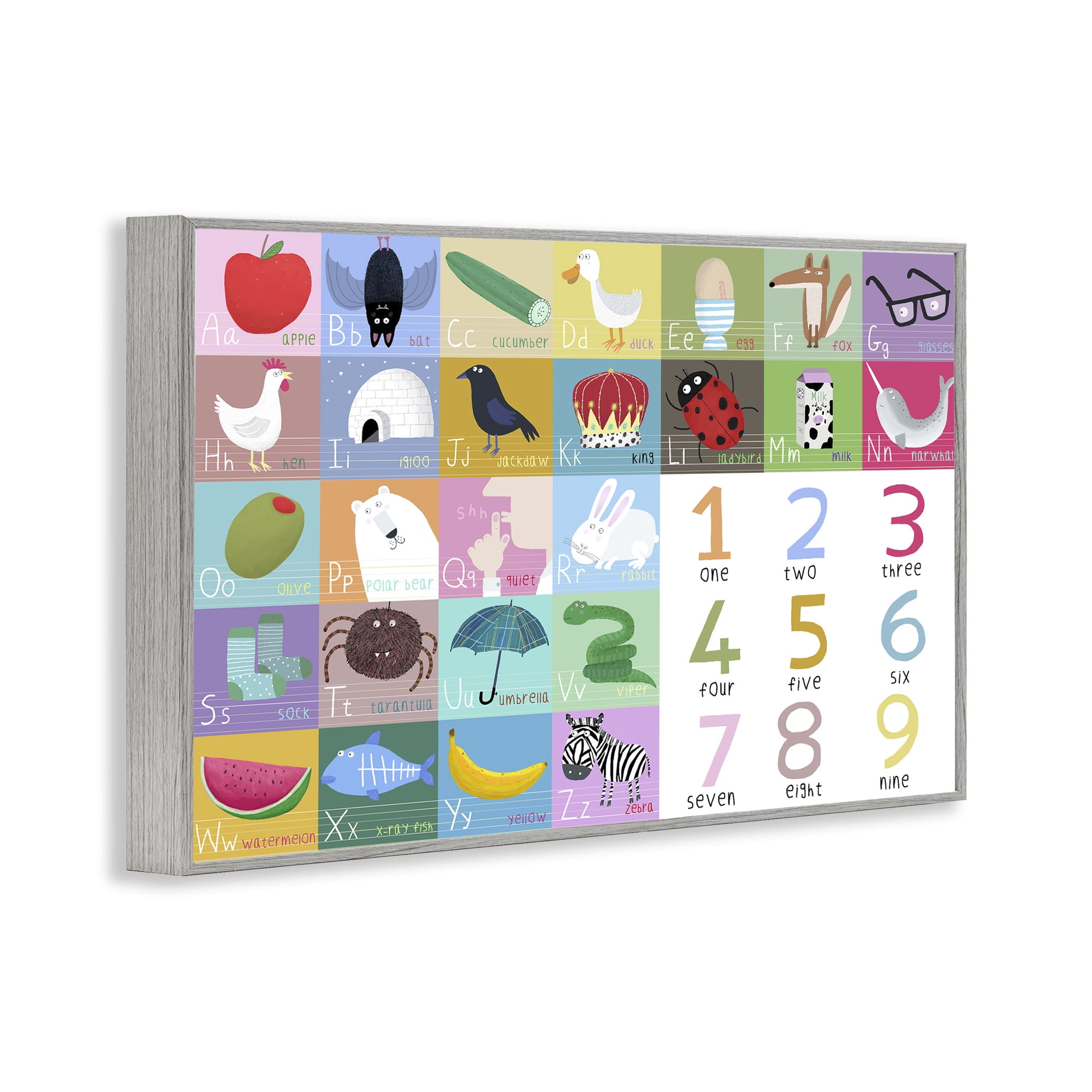 Stupell Industries Alphabet & Numbers First Words Gray Framed Giclee Art, design by Carla Daly