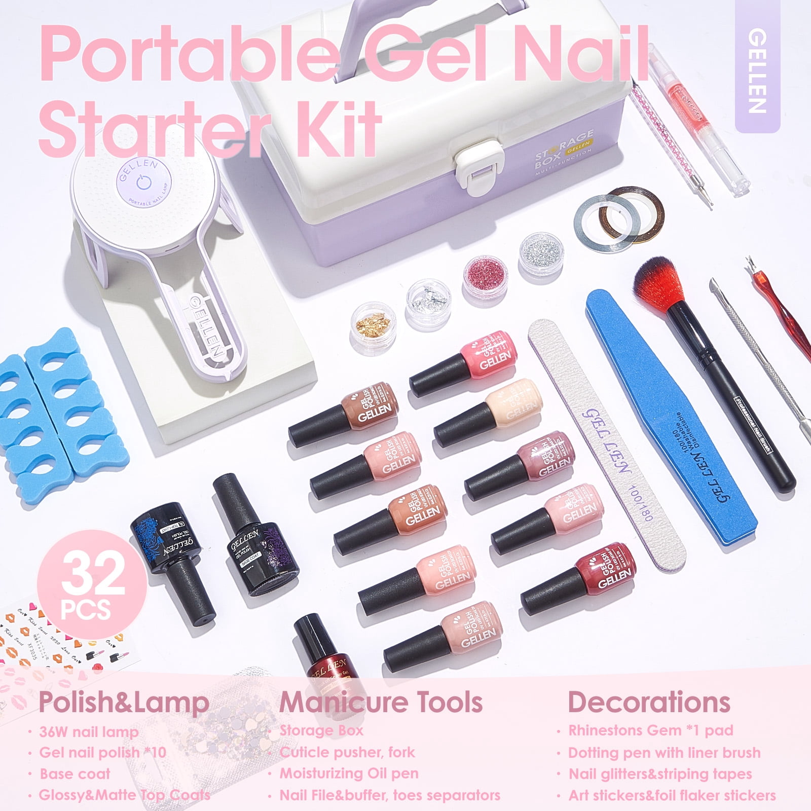 Gellen Gel Nail Polish Starter Kit with UV Lamp, 10 Colors Nudes Pink Brown Gel Polish with 36W Nail Lamp Top & Base Coat Nail Tools Manicure Set & Storage Box, All-In-One Gel Nail Polish Kit
