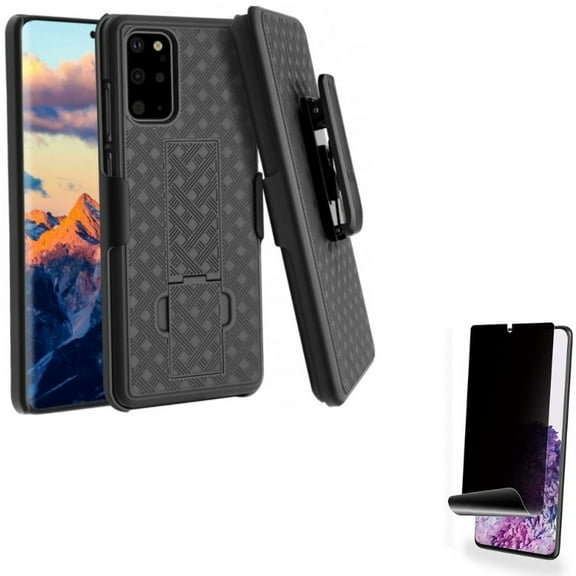 Privacy Screen Protector w Case Belt Clip for Samsung Galaxy S20 Plus - TPU Film [NOT GLASS] [Fingerprint Works] Anti-Peep, Holster Swivel Cover Kickstand D7N fits Samsung Galaxy S20 Plus