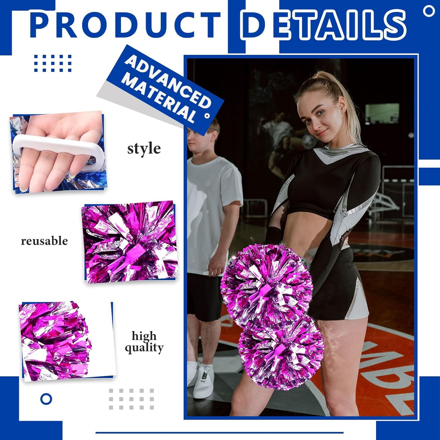 Cheerleader Pom Poms 12 Pack Sports Dance Cheering Plastic Metallic Cheerleading Pom Poms for Kids Adults