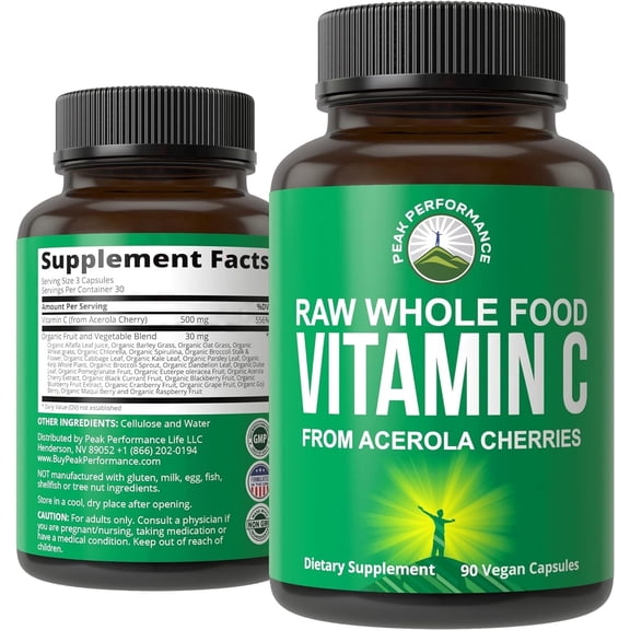Peak Performance Raw Whole Food Natural Vitamin C Capsules from Acerola Cherry for Max Absorption. Vegan USA Sourced Vitamin C Supplement 90 Pills. 500 mg Serving or 2 Servings 1000mg