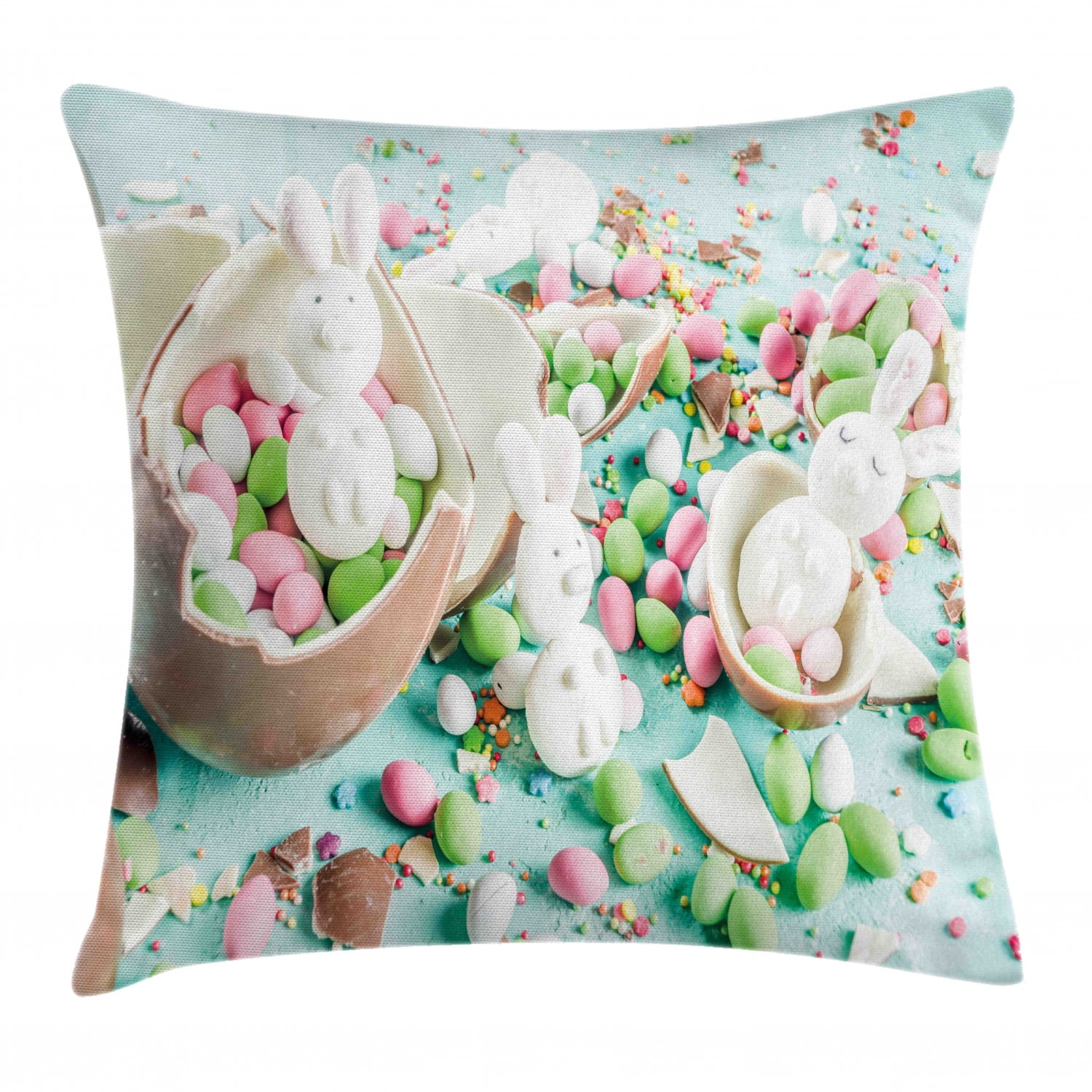 Easter Bunny Throw Pillow Cushion Cover, Photo of Chocolate Eggs Sweet Holidays Gifts in Pastel