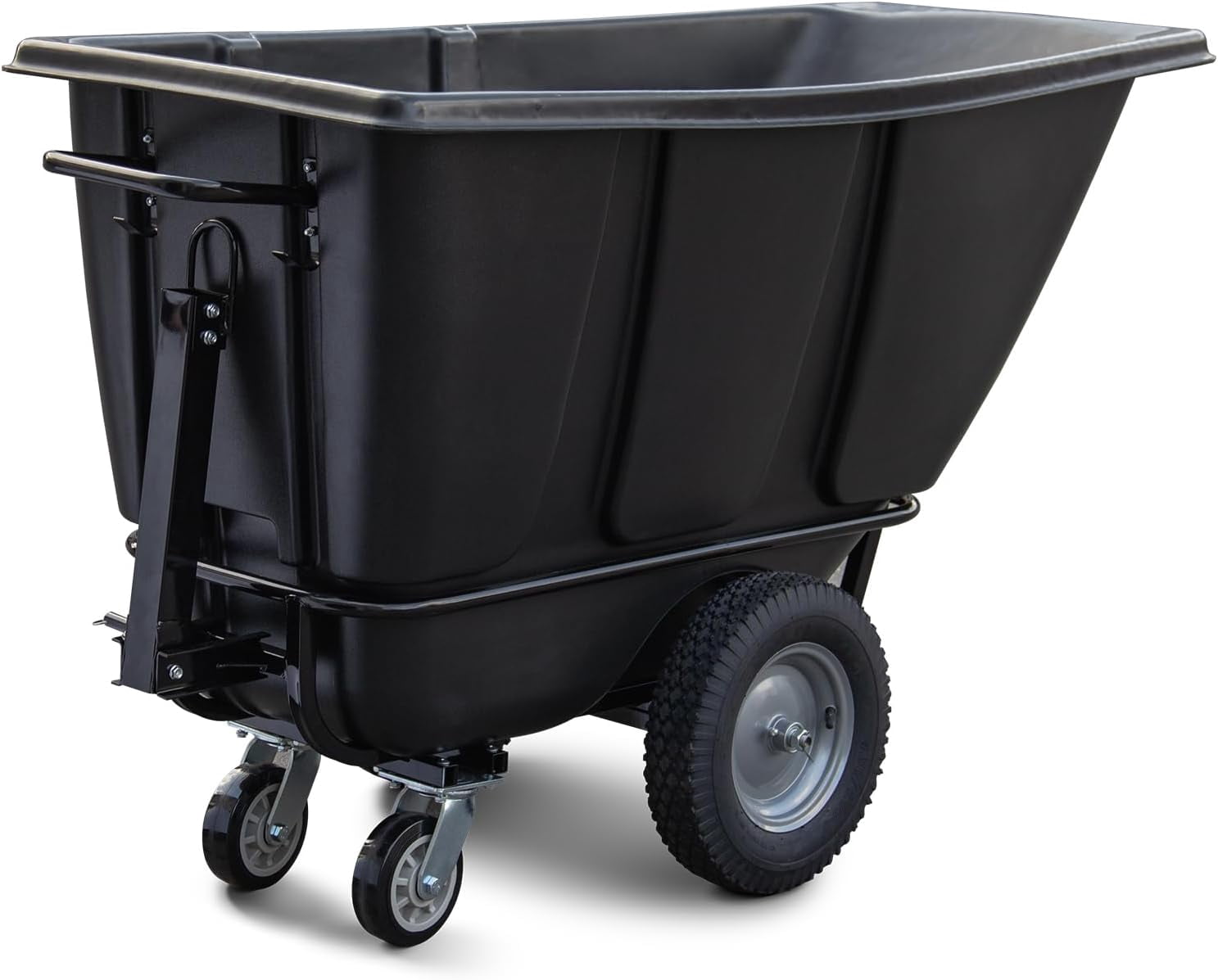 HPDMC 1/2 Cubic Yard Tilt Dump Truck, 1400 lbs Capacity Heavy Duty Trash Cart with 16" Pneumatic Wheels & 6" Swivel Casters, Industrial Garbage Recycling Cart for Construction & Warehouse, Black