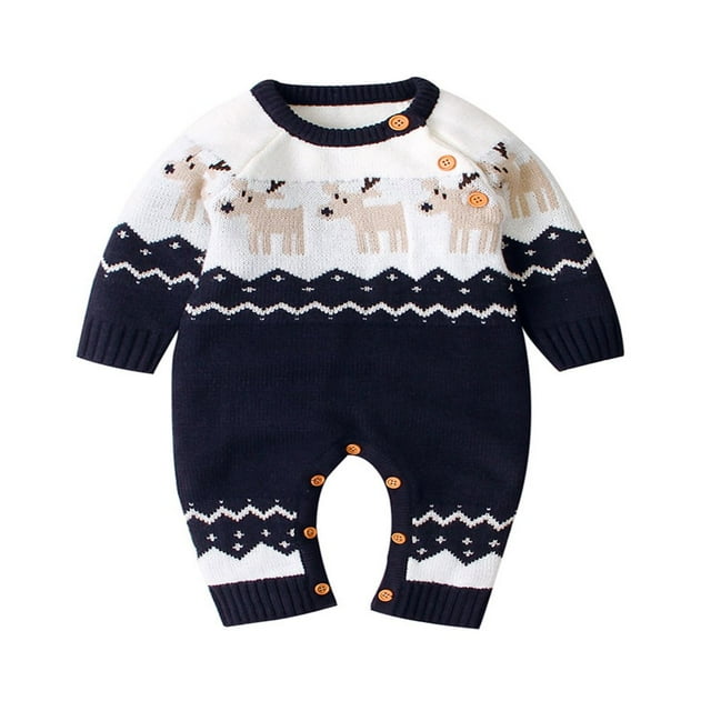 Combinaison de Noël Bébé en Tricot Cerf Imprimé Col à Manches Longues Romper