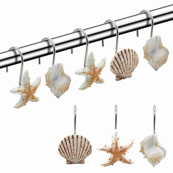 HOMEIORA 12 Pack Starfish Seashell Conch Style Shower Curtain Hooks Rust Proof Rings Bathroom Hangers Resin Decorative Shower Curtain Hook - Beige