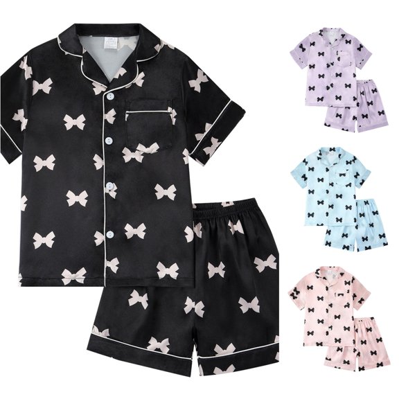 Weebloom Pajamas For Little Girls Cute Bow Satin Pajama Short Sleeve Button Down Tops And Shorts Silk Kids Outfit Sleepwear Nightwear Pjs Loungewear Black 5-6Years