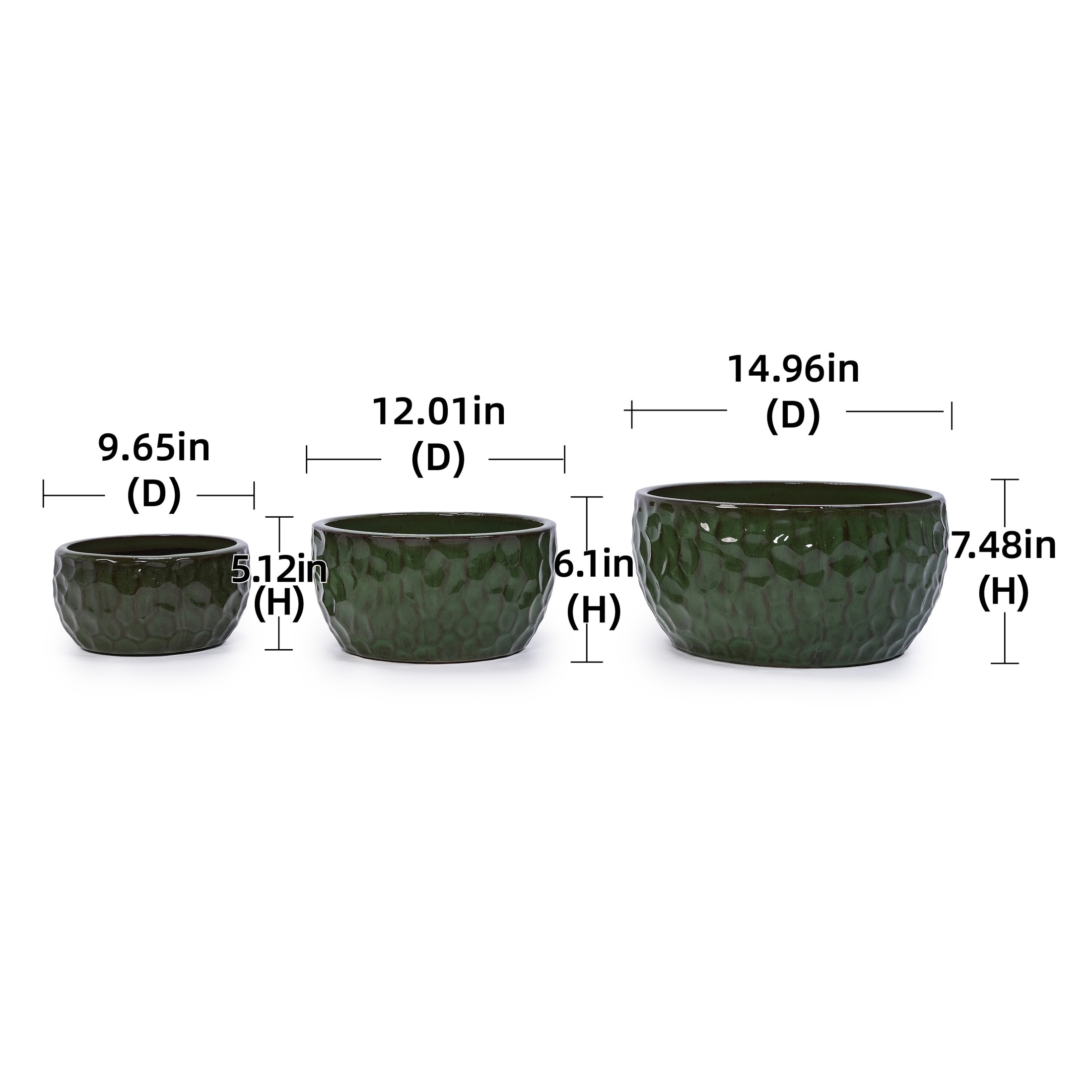 Noble House Jason Ceramic Flowerpot Set, Dimpled Design with Drainage Hole, Indoor/Outdoor Use, Set of 3, Antique Green