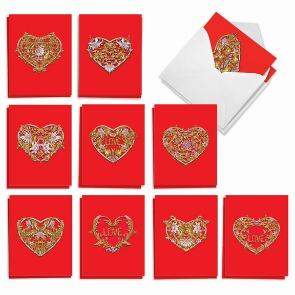 The Best Card Company 20 Assorted Valentine's Day Notecards Box Set 4 x 5.12 Inch with Envelopes (10 Designs, 2 Each) Baroque Hearts AM8999VDG-B2x10