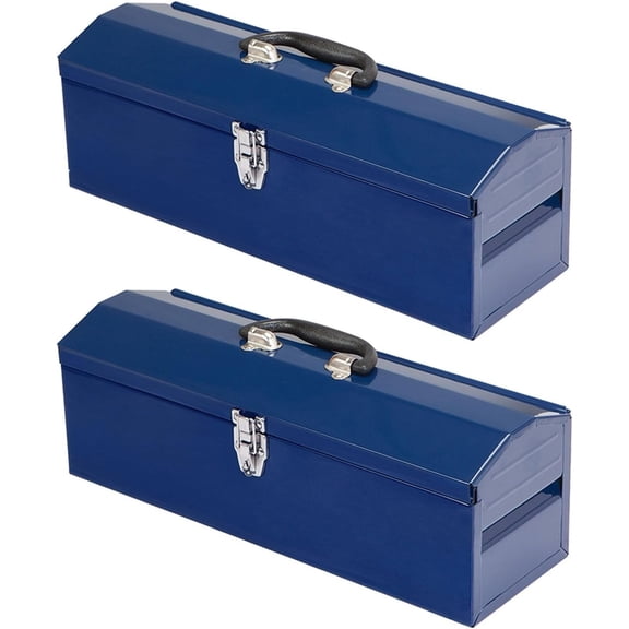 HPDMC Metal Tool Box Set of 2 - 19" Heavy Duty Steel Toolbox with Metal Latch - Portable Hip Roof Style Mechanic Tool Boxes for Car, Truck, Tractor & Home - Blue
