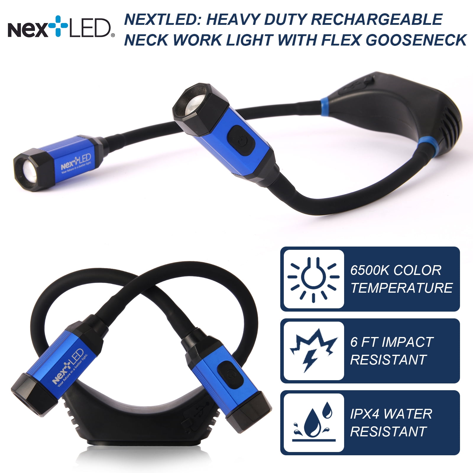 NextLED NT-6633 Heavy Duty Rechargeable Neck Light with Magnetic Base, IPX4, 2000mAh Battery, LED Mechanic Neck Light Hands Free, Flexible Around The Neck Flashlight, Neck Work Light Rechargeable