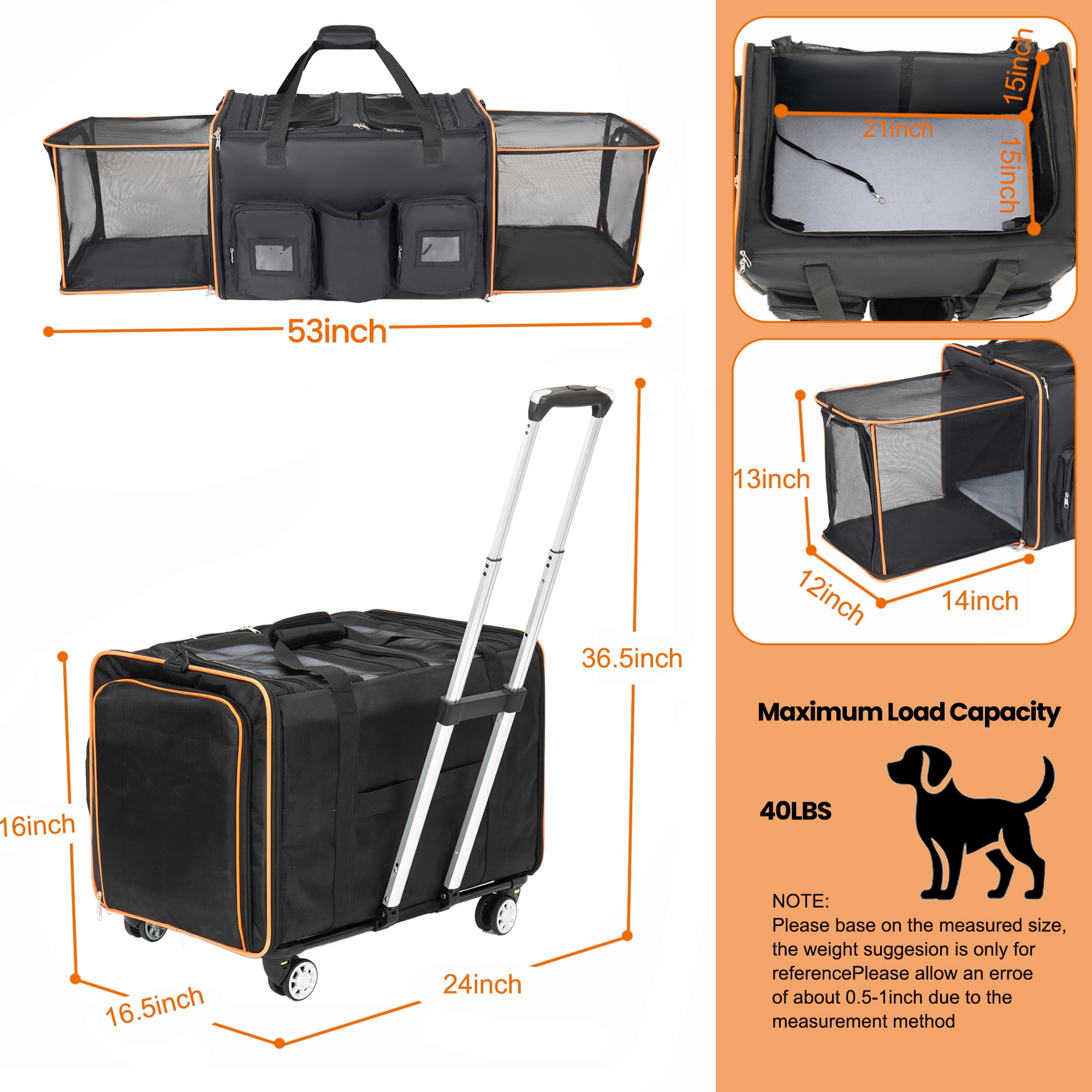 2-in-1 Rolling Pet Carrier with Wheels and Expandable Sides, Foldable Double Cat Carrier with Removable Divider, Black