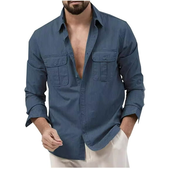 YLSDY Men's Linen Long Sleeve Shirt Button Down Shirts with Pockets Summer Loose Fit Lightweight Daily Work Top Blouse Navy S
