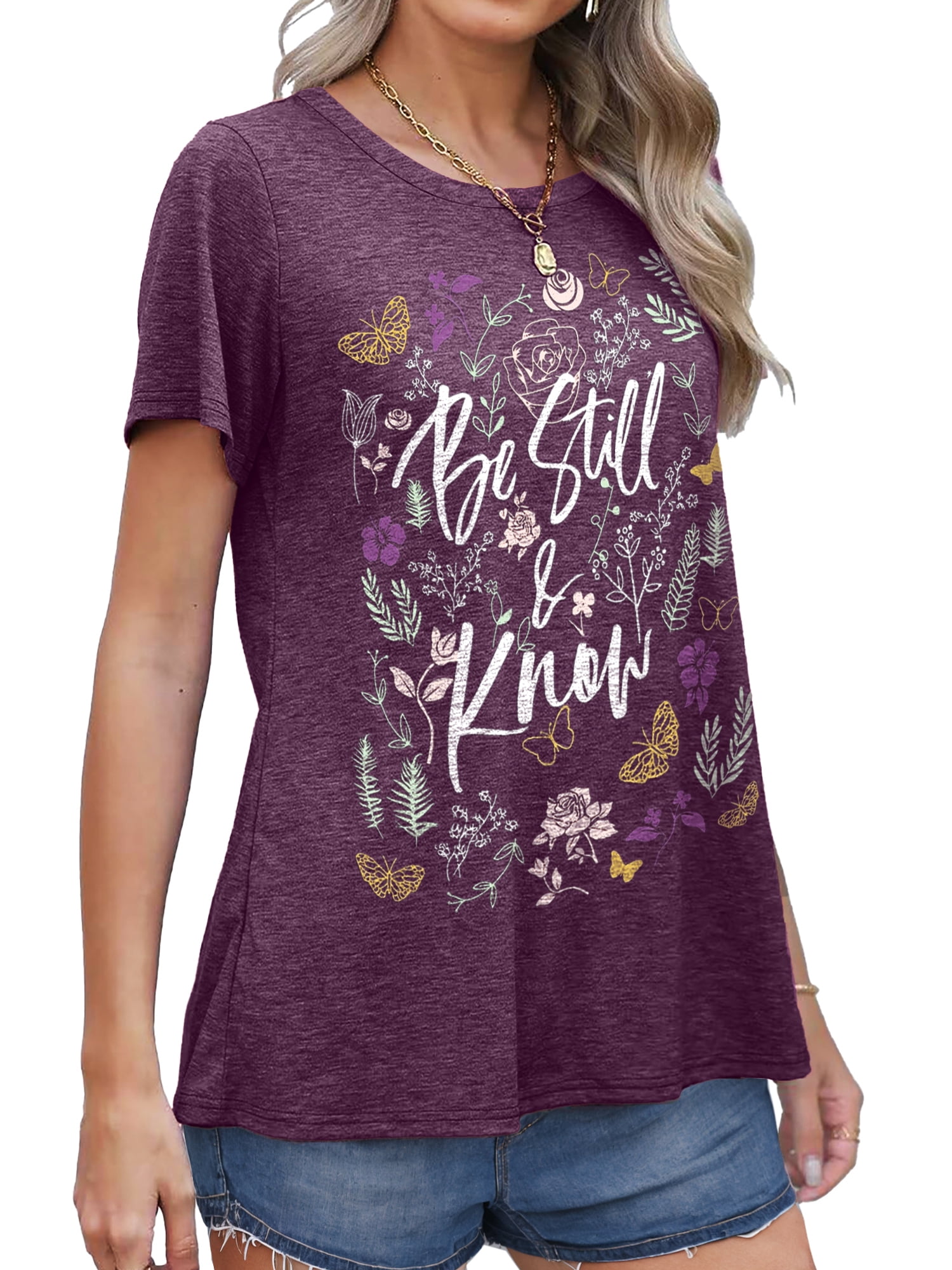 MOSHU Womens T-shirts Round Neck Shirts for Women Short Sleeve Loose Graphic Tees
