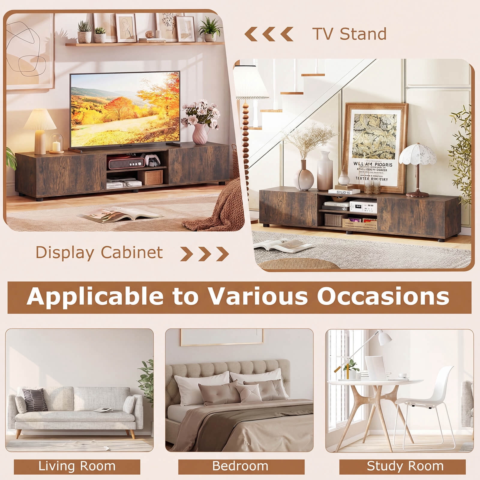 Costway TV Stand for up to 70” TVs, Media Console Table with Double Doors & Open Shelves Rustic Brown