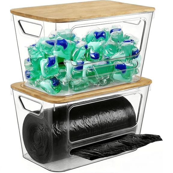 VOZOGO 2 PCS Trash Bag Dispenser with Bamboo Lid, Stackable Garbage Bag Holder, Clear Organizer Bins for 4-33 Gal Bags for Kitchen, Laundry, Pantry Storage,Under Sink Organization