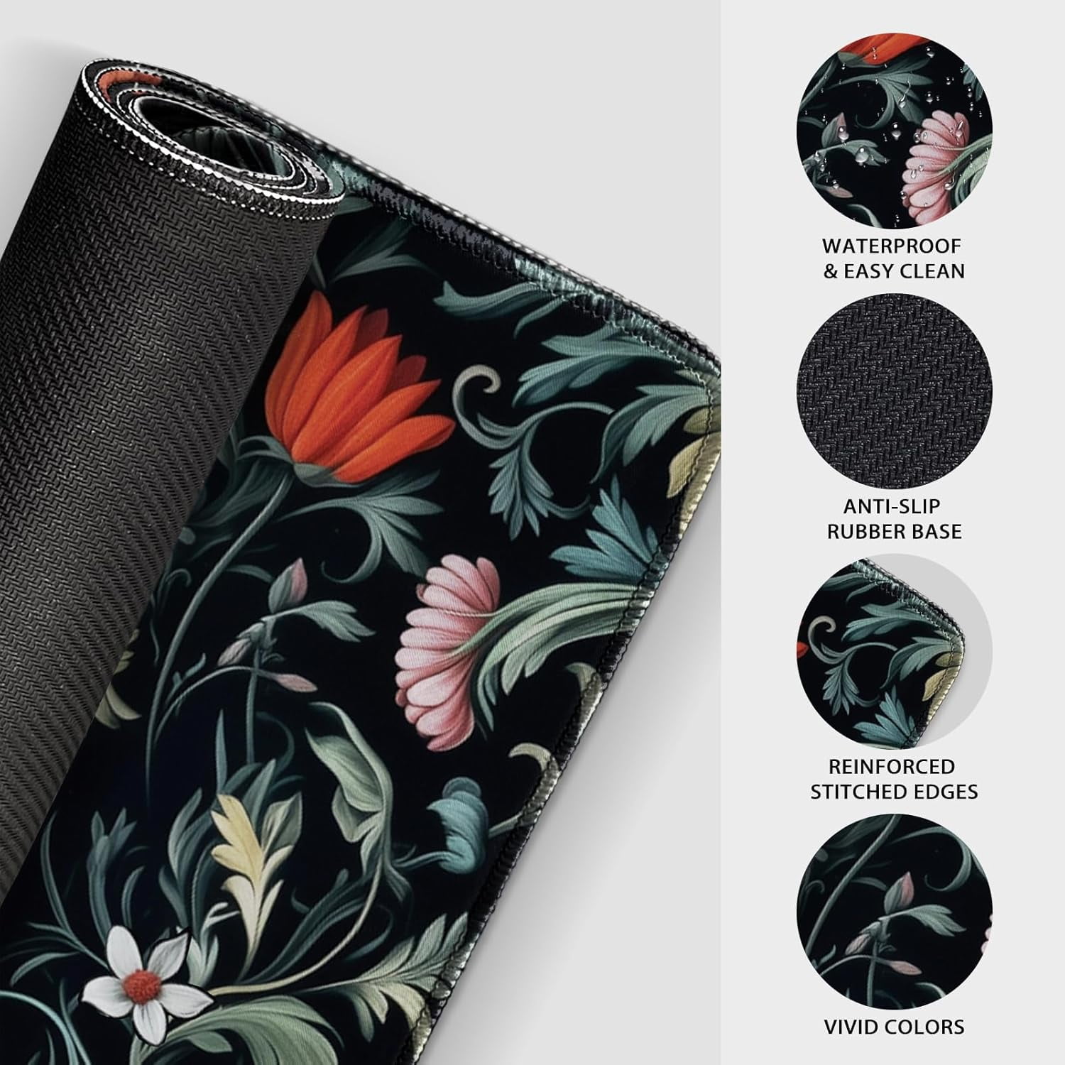 Dark Floral Pattern Large Gaming Mouse Pad 31.5"x15.7"｜XXL Desk Mat, Non-Slip Rubber Base & Stitched Edges - Extended Waterproof Mousepad for PC/Laptop/Office/Home Decor