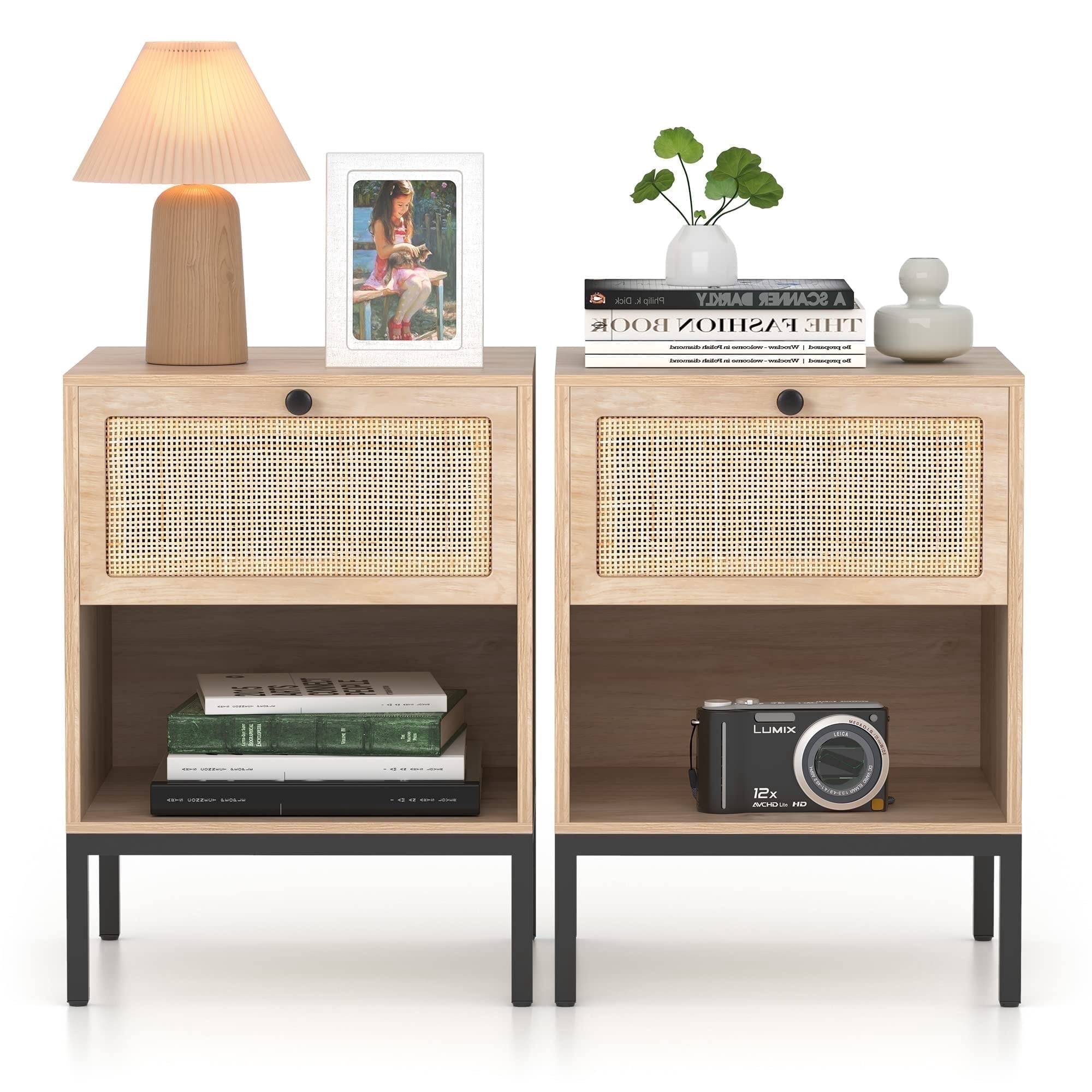 Brafabhome Rattan Nightstands with Drawer, Modern Bedside Tables with Open Storage Shelf for Bedroom, Accent Sofa End Table with Steel Legs for Living Room, Set of 2 | Nature