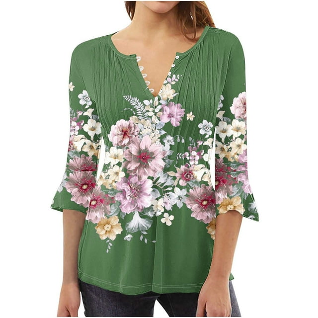 Camisetas con Cuello en V Mujeres Moda Impresa 3/4 Mangas Blusa, Top Cómodo Casual para el Hogar Y Diario