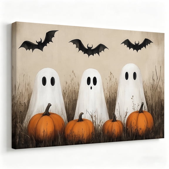 Halloween Cute Ghosts and Pumpkins Canvas Wall Art Flying Bats Poster Spooky Fall Decor Living Room Bedroom Painting Print Ready to Hang 8*12