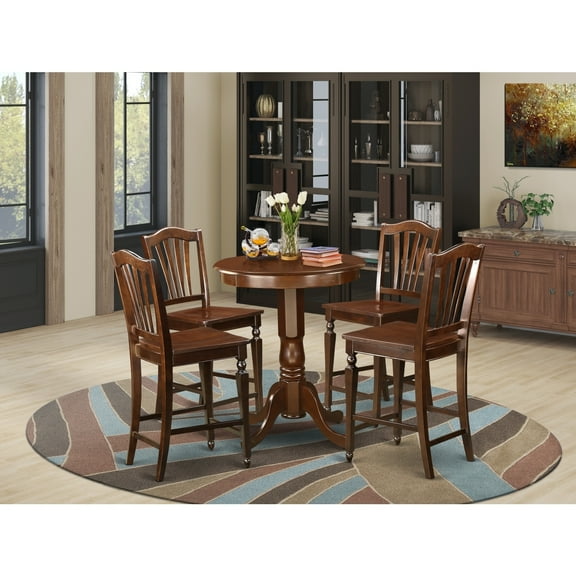 City Sleek Pub Set - Round Counter Height Table & 4 Bar Stools - Warm Mahogany Finish