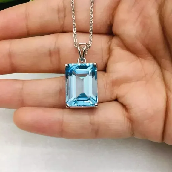 3.00Ct Emerald Cut Lab-Created Blue Topaz Classic Daily Wear Gift Women's Solitaire Pendant 14K White Gold Plated 925 Sterling Silver Free Chain 18"