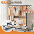 thumbnail image 3 of UNTIMATY Heavy Duty Clothes Rack, Double Rod Clothing Rack for Hanging Clothes, Rolling Garment Rack, Adjustable Freestanding Wardrobe Closet Coat Rack for Bedroom Laundry Living Room, Black, 3 of 11
