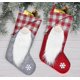 thumbnail image 1 of Medias navideñas grandes de arpillera con diseño de gnomo a cuadros, cascabeles y piel sintética., 1 of 5