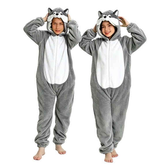 Ruyang Wolf Hooded Jumpsuit for Kids Cute Animal Flannel Long Sleeve Bodysuits Fall Outdoor Activity Warm Clothes for Girls Boys