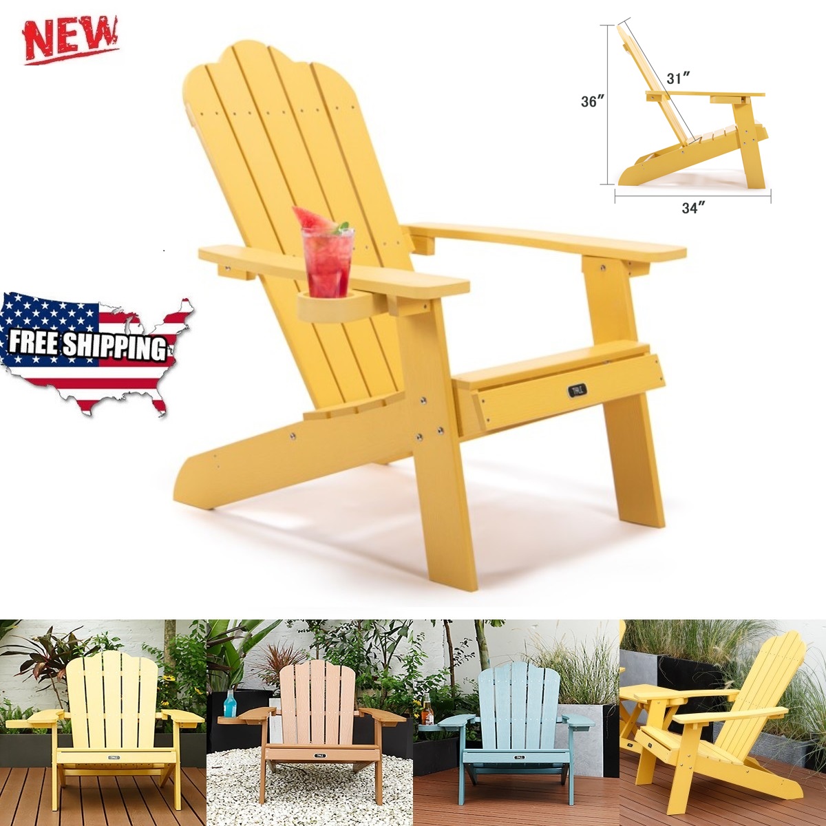 [Quick Delivery] Adirondack Chair, Outdoor Weather Resistant 380 lbs